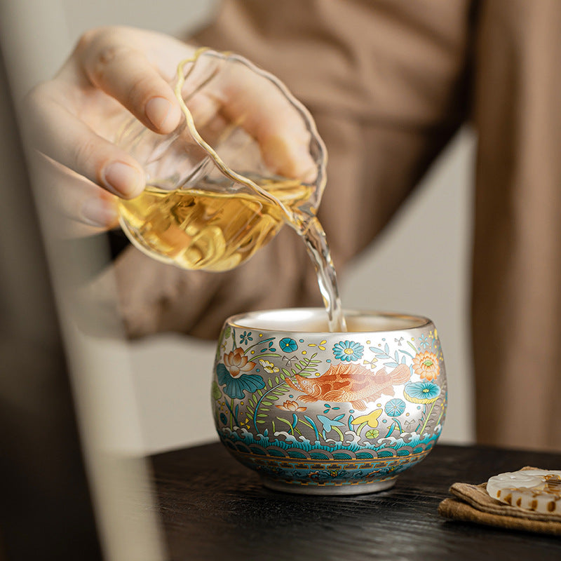 Klindao Artisan Tea Cup: Silver Glaze with Ancient Fish Pattern - A Large Capacity Master Cup for Solo Tea Moment