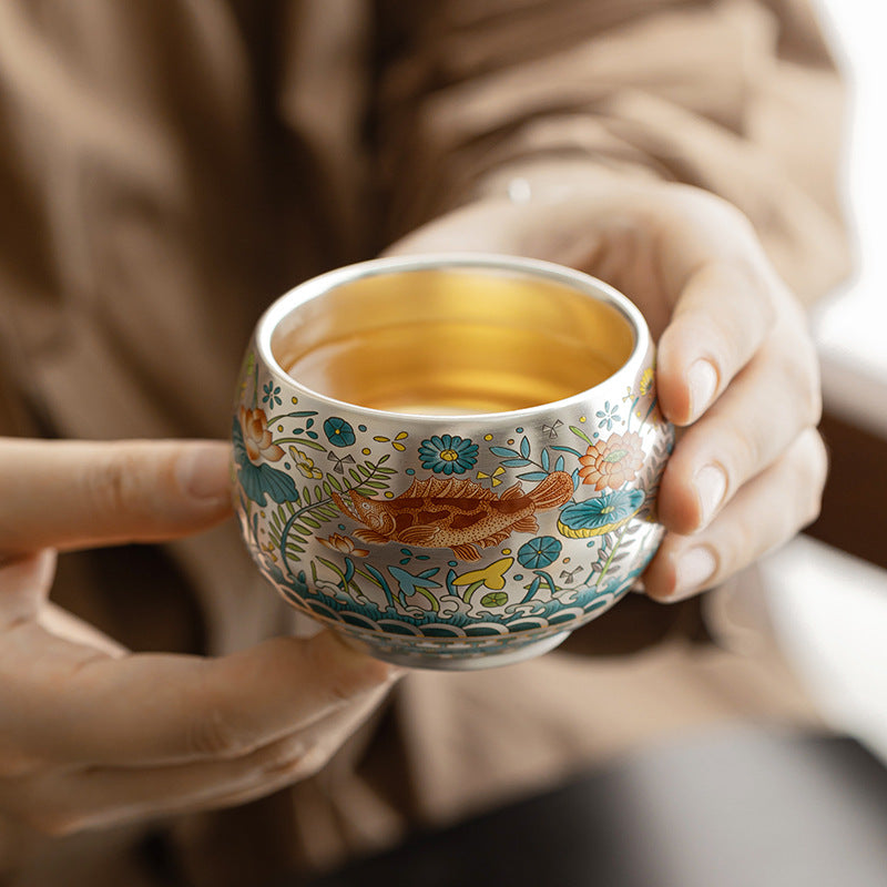 Klindao Artisan Tea Cup: Silver Glaze with Ancient Fish Pattern - A Large Capacity Master Cup for Solo Tea Moment
